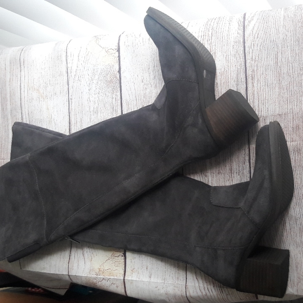 Lucky Brand Rayla gray suede over the knee stacked heel boots